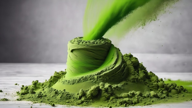 El polvo de té matcha verde que cae generado con IA