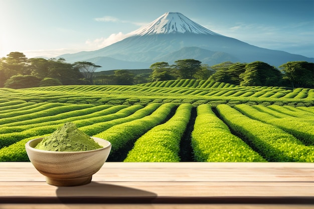 polvo de té verde matcha en tazón de madera sobre madera con campos de té verde y fondo del monte Fuji