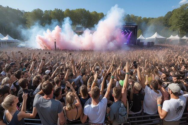 Foto pólvora sobre a multidão no festival de música de verão