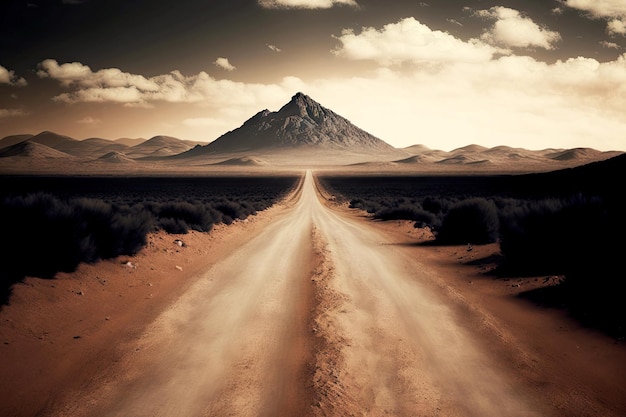 Foto polvoriento camino vacío más allá del horizonte contra el fondo de colinas y nubes