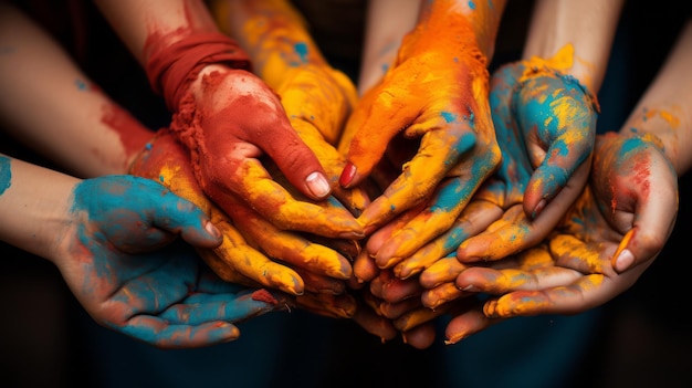 polvos de colores en las manos de la gente manchada con colores de la fiesta