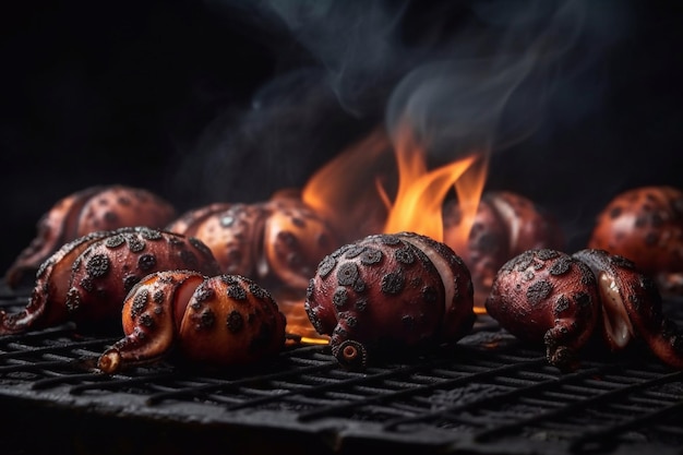 Polvos na grelha Marisco grelhado Fogo de fumo Cozinhar polvo IA generativa