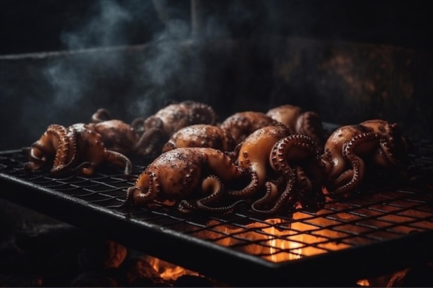 Polvos na grelha Marisco grelhado Fogo de fumo Cozinhar polvo IA generativa