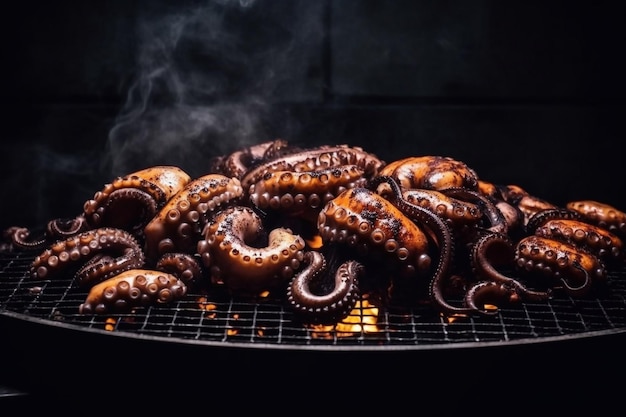 Polvos na grelha Marisco grelhado Fogo de fumo Cozinhar polvo IA generativa