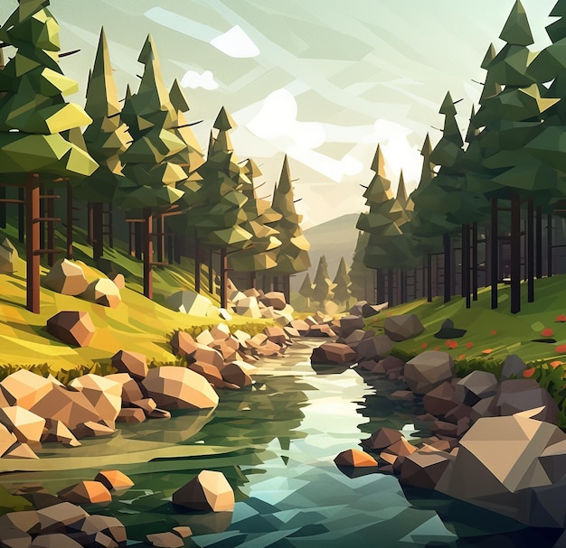 Poly-realistische Sicht auf den Wald Ai erzeugt Low-Poly-Illustration auf weißem Hintergrund