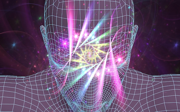 Polygonale Figur eines Mannes vor dem Hintergrund des Universums Eine mystische Reise durch das Universum Der Zustand der Meditation Surreale 3D-Malerei Transpersonale Kunst