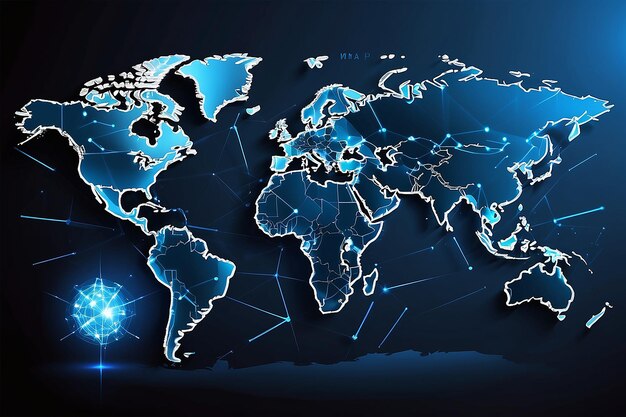 Foto polygonale karte digitale globuskarte blaue polygonen erdkarten und welt-internetverbindung 3d-gitter