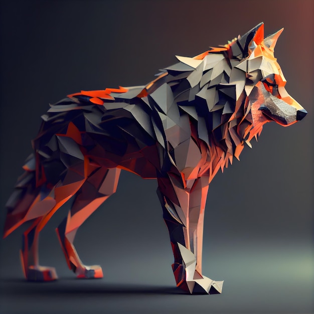 Polygonaler Wolf auf dunklem Hintergrund, 3D-Illustration