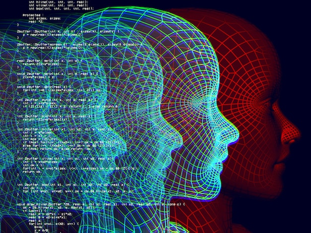 Polygonales Porträt eines Mannes mit Glitch-Effekt Cyberpunk-Stil Konzeptbild der künstlichen IntelligenzVirtuelle Realität Deep Learning und Gesichtserkennungssysteme