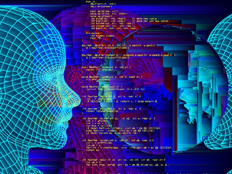 Foto polygonales porträt eines mannes mit glitch-effekt cyberpunk-stil konzeptbild der künstlichen intelligenzvirtuelle realität deep learning und gesichtserkennungssysteme