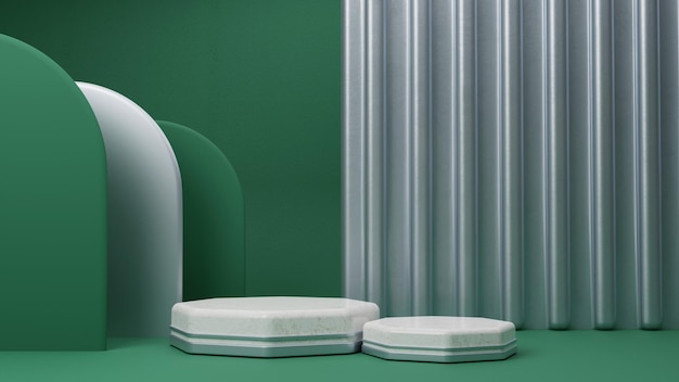 Foto polygonpodium aus weißem marmor. steinsockel auf grünem und silbernem hintergrund 3d