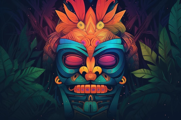 Polynesische Tiki-Maske vor tropischem Hintergrund