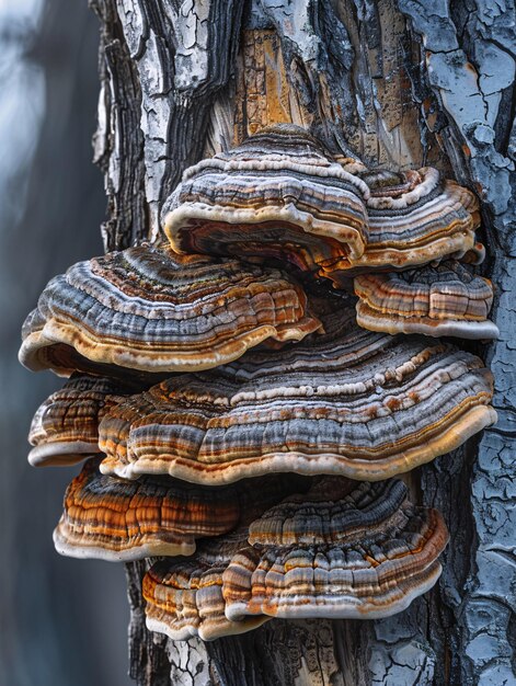 Foto polyporus versicolor crescendo em uma árvore madura