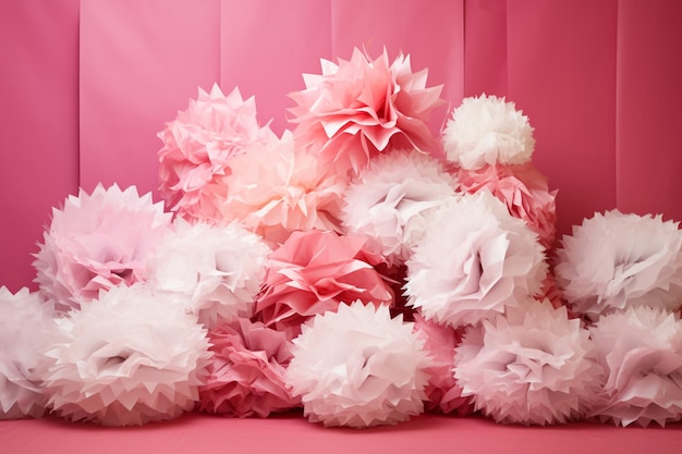 Foto pom-poms de papel plegado de color rosa y blanco