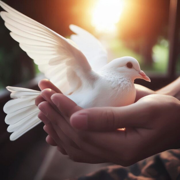 Foto pomba branca na mão para a paz ou símbolo de liberdade ai generativo