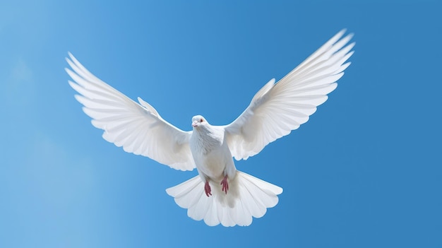 Pomba branca ou pomba com asas estendidas no céu azul