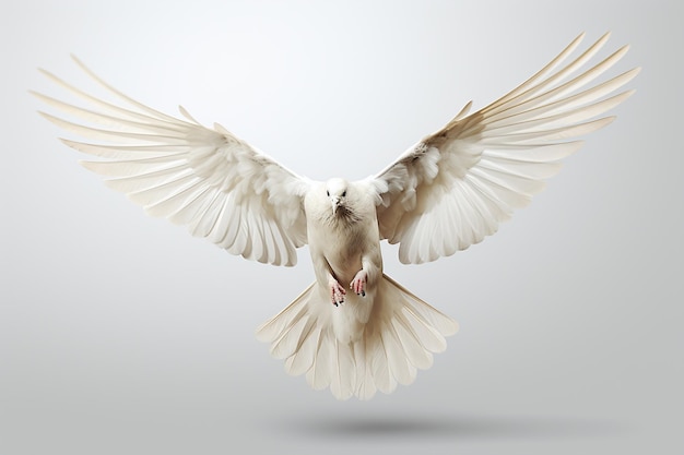 Pomba branca voadora isolada em fundo cinzento Conceito de paz e liberdade