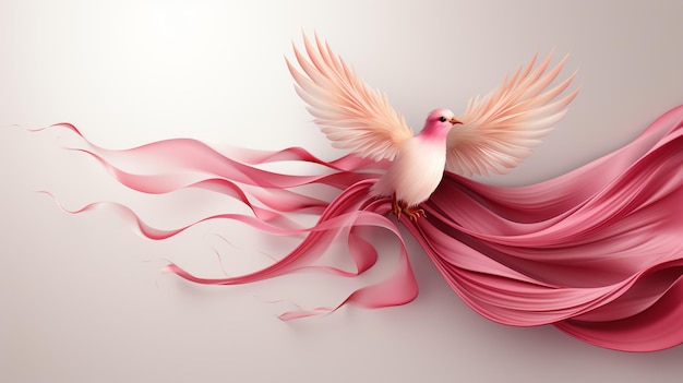 Pomba colorida voando em direção a fitas rosa