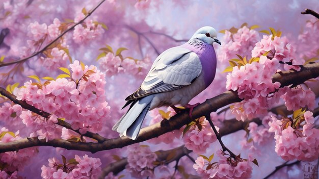 Pomba na primavera em um galho de árvore coberto de roxo