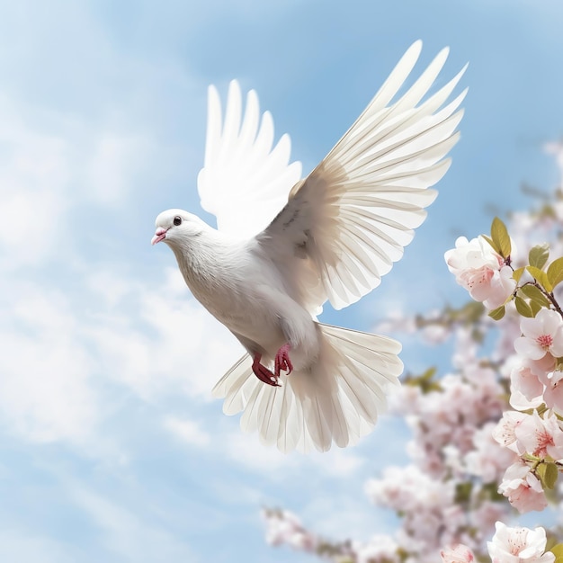 Foto pomba no céu brilhante com ia generativa de flores