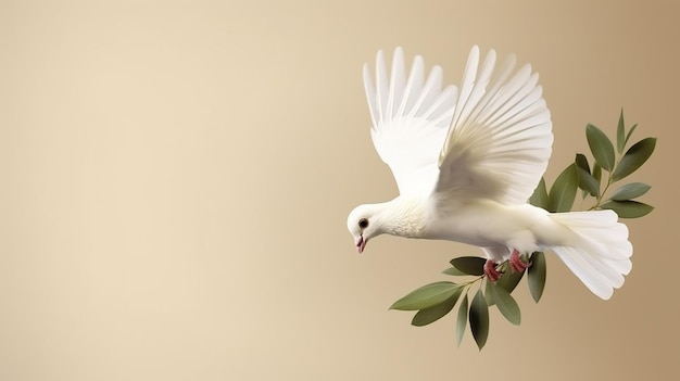 Pombo branco com ramo de oliveira sobre fundo bege Conceito do Dia Internacional da Paz