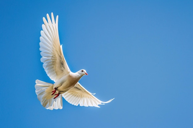 Pombo branco voando no céu azul