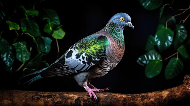 Pombo de corpo inteiro em galho e folha verde