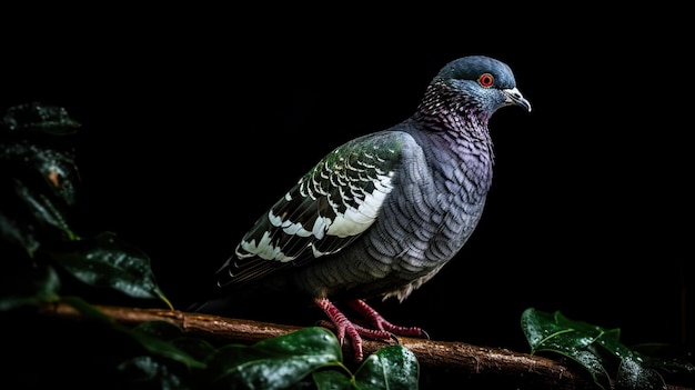 Pombo de corpo inteiro no galho e folha verde