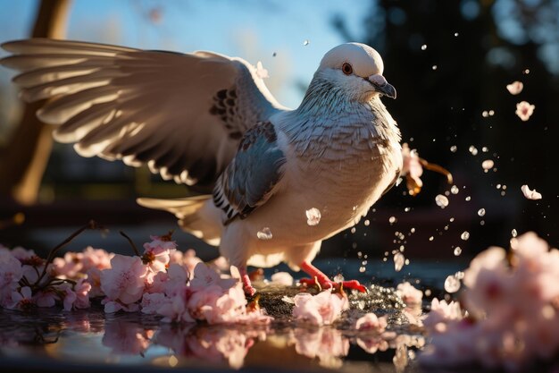 Foto pombo pousa em jardim ensolarado com ia geradora de migalhas