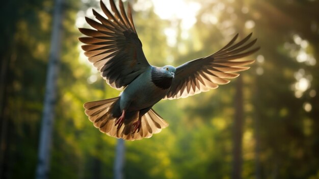 Foto pombo realista voando na floresta com a luz do sol vray arte de precisão