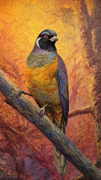 Foto pombo sentado em um galho de árvore na frente de um fundo laranja