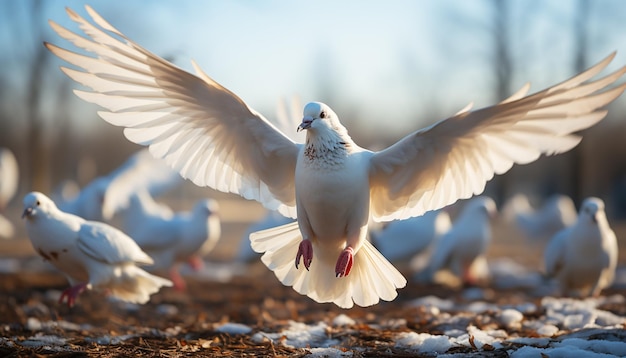 Pombo voando livremente símbolo da graça da paz na natureza gerada pela inteligência artificial