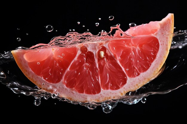 Pomelo fresco con salpicaduras y gotas de agua sobre un fondo negro