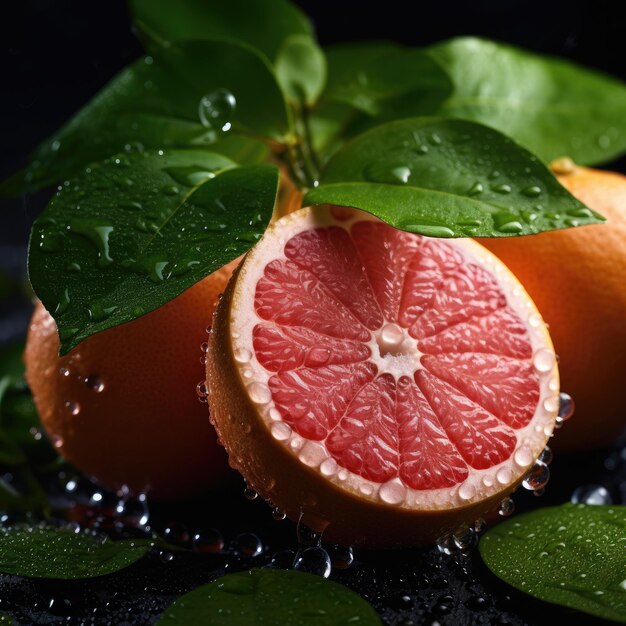 Un pomelo con una hoja verde al lado.