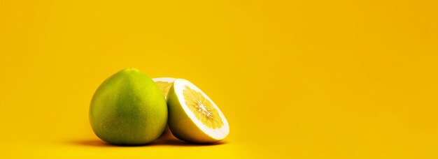 Pomelo con la mitad sobre amarillo, imagen panorámica