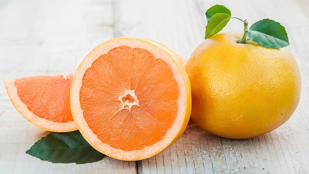 pomelos maduros con hojas sobre fondo de madera