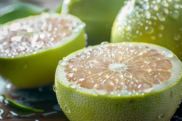 Pomelos verdes frescos y jugosos, divididos en dos y adornados con gotas de agua sobre un fondo oscuro