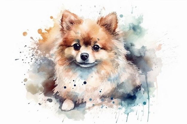 Pomerania entzückende Hündchen-Aquarellillustration mit Farbflecken aller Hunderassen