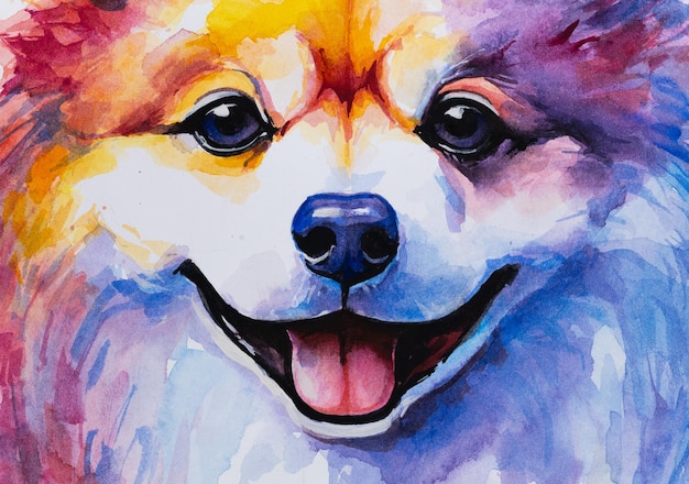 Pomerânia pintada em aquarela sobre um fundo branco de maneira realista arco-íris colorido