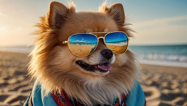 Un Pomeranian alemán con gafas de sol se relaja en la playa junto al mar y junto a la piscina del hotel viajando con un perro estresado para una fuga de mascota del calor generado por la IA