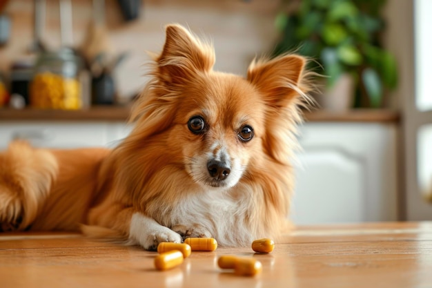 Pomeranian com cápsulas de vitaminas