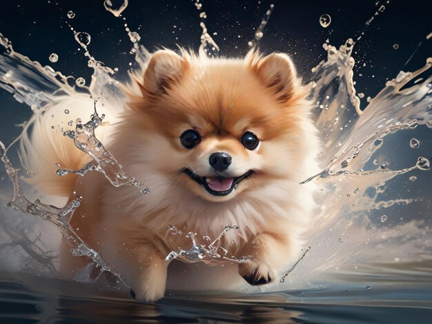 Pomeranian Cute cão correndo em salpicos de água ilustração 3D