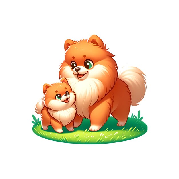 Pomeranian Dog Warm Familie auf grünem Moos