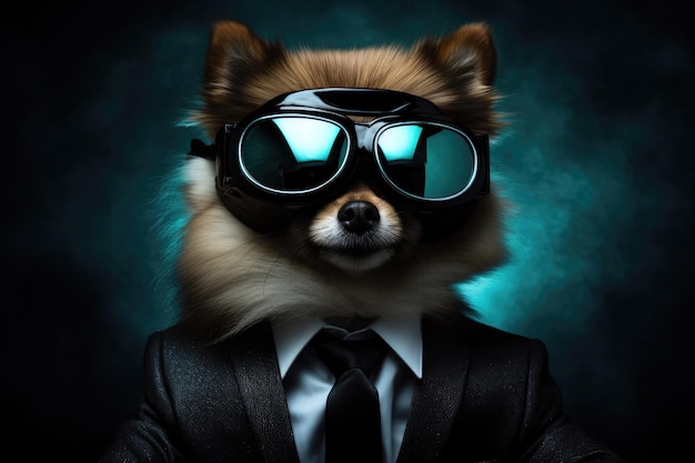 Pomeranian em terno e realidade virtual em fundo preto