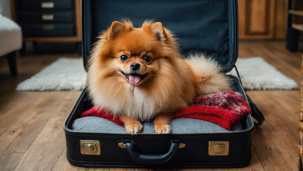 El Pomeranian está sentado en una maleta en casa y se va de viaje el estrés del transportista de mascotas de viaje y viaje en avión con un perro generado por la IA
