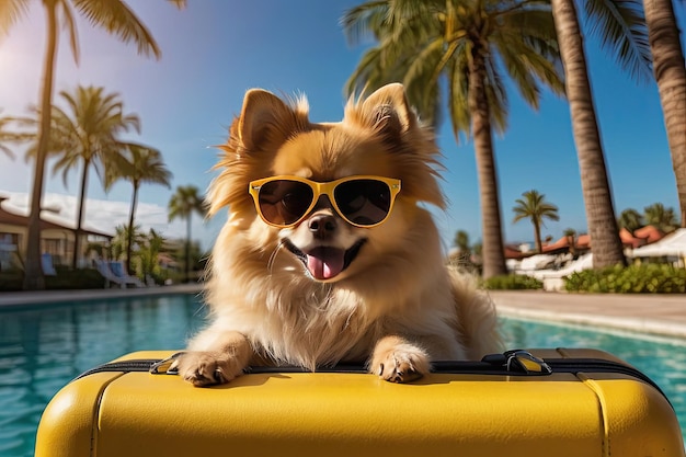 Pomeranian con gafas de sol un turista está sentado junto a una maleta amarilla cerca de la piscina en el hotel viajando con un perro portador de mascotas estrés por el calor generado por la IA