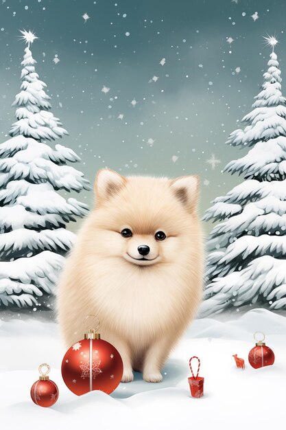 Pomeranian-Hund mit Weihnachtsdekoration im Winterwald 3D-Rendering