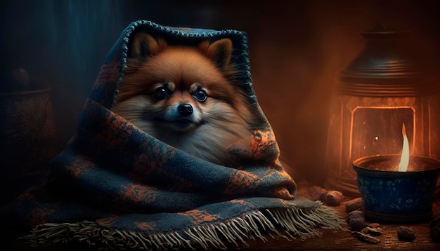 Pomeranian Pooch perfeitamente mimado pelo fogo em um cobertor de pelúcia