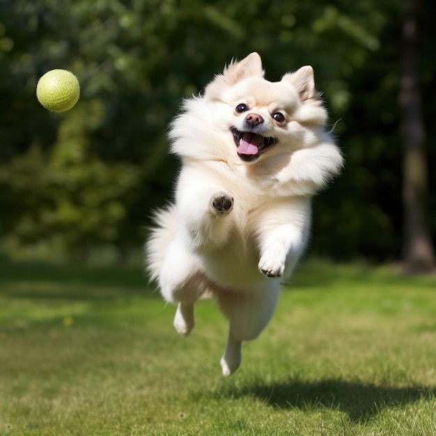 Pomeranian spielt mit einem Ball auf dem Gras