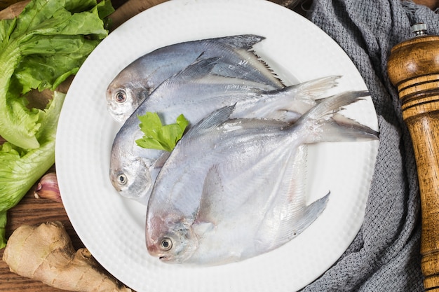 Pomfret fresco sobre la mesa